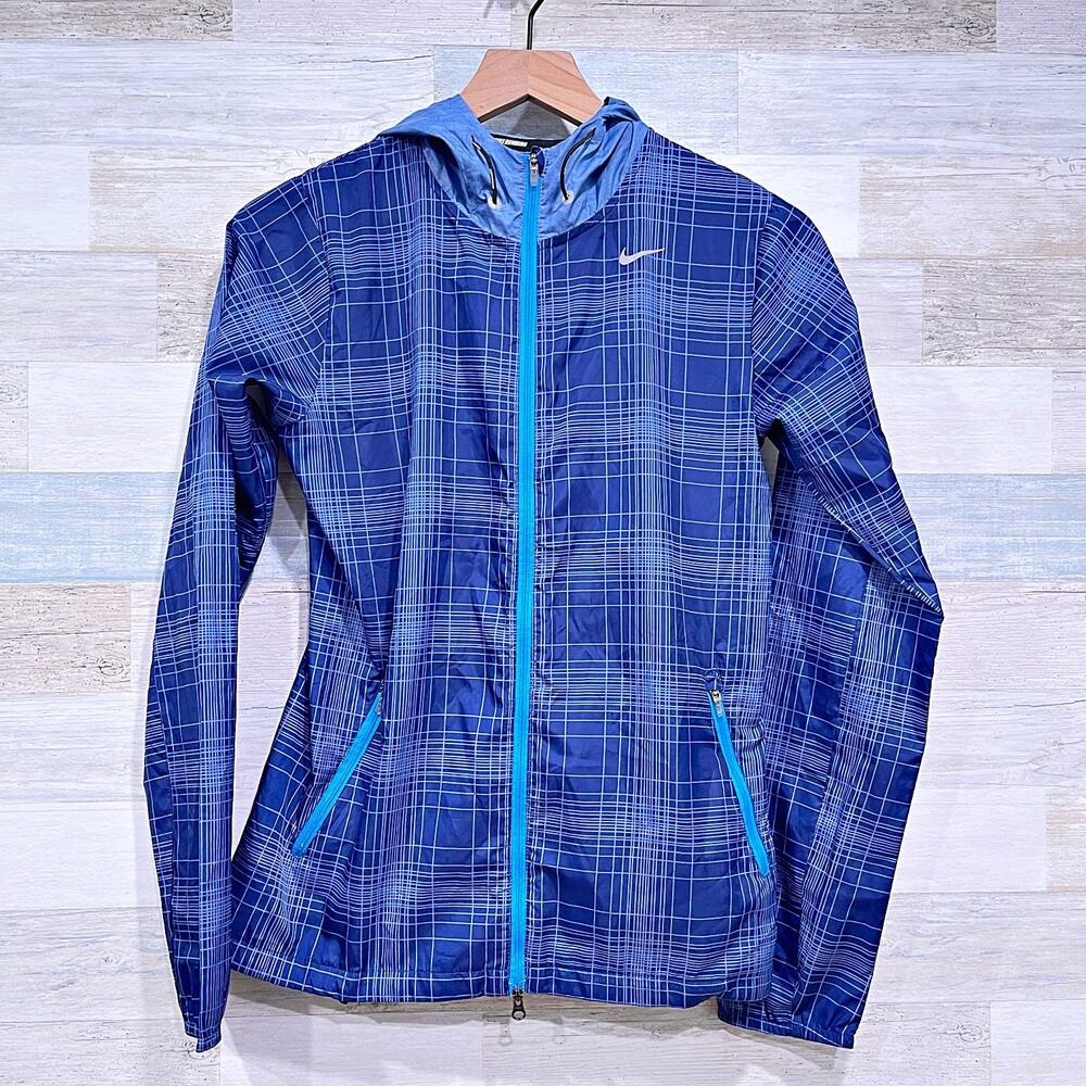 Nike Phenom Vapor Plaid Running Jacket Blue Hooded Mesh Vent Lined Womens XS